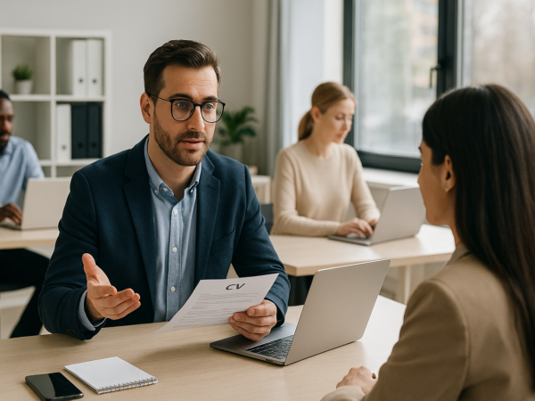 Entrevista de trabajo en una oficina moderna en España, con profesionales colaborando al fondo, representando los empleos más demandados y las tendencias laborales en 2026.