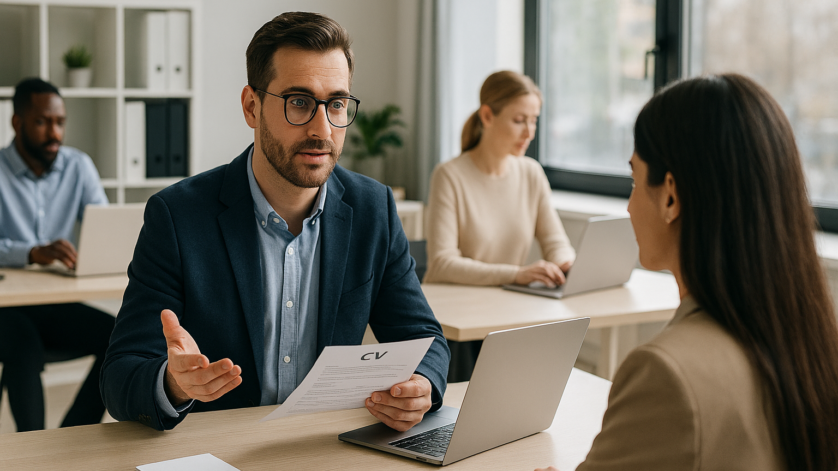 Entrevista de trabajo en una oficina moderna en España, con profesionales colaborando al fondo, representando los empleos más demandados y las tendencias laborales en 2026.