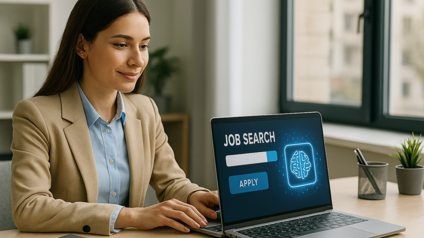 Mujer joven usando herramientas de inteligencia artificial para buscar empleo en 2026 desde una oficina moderna en España.