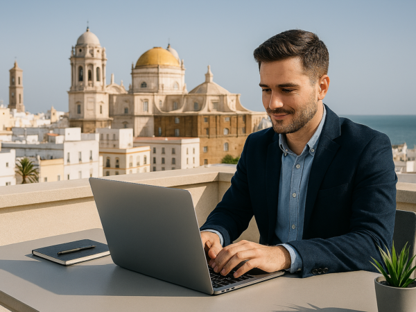 Hombre joven trabajando con portátil en una terraza con vistas a la Catedral de Cádiz, representando oportunidades laborales, sectores y salarios en Cádiz en 2026.