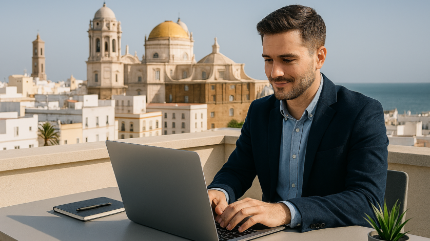 Hombre joven trabajando con portátil en una terraza con vistas a la Catedral de Cádiz, representando oportunidades laborales, sectores y salarios en Cádiz en 2026.