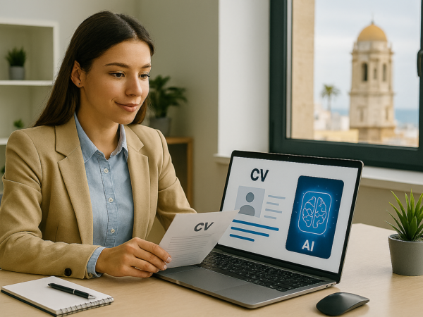Mujer joven editando su currículum en un portátil con ayuda de inteligencia artificial en una oficina moderna, con vistas a Cádiz.