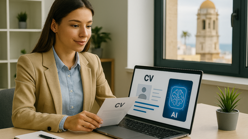 Mujer joven editando su currículum en un portátil con ayuda de inteligencia artificial en una oficina moderna, con vistas a Cádiz.